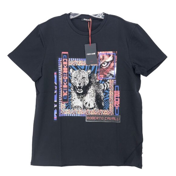 NWT ROBERTO CAVALLI Graphic Men's T-Shirt Beaded Animals Never Give Up LARGE - Picture 1 of 8